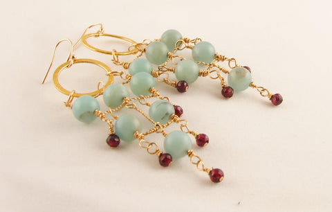 Amazonite Garnet and Gold Earrings