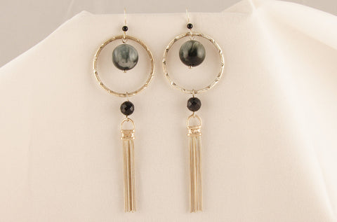 Cat's Eyes Silver Hoops and Tassel Earrings