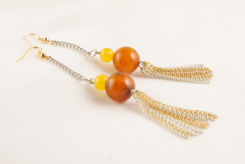 Agate and Yellow Jade Earrings with Tassels