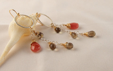 Pink Rhodochrosite and Smokey Quartz Earrings
