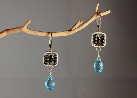 Pyrite Small Square Earrings with Topaz